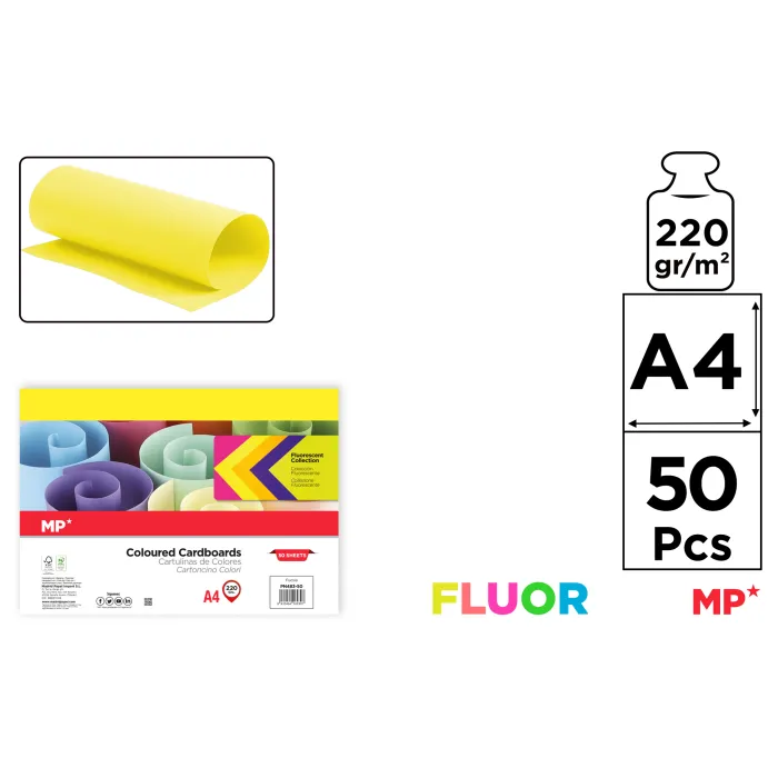 Cartulina Fluorescente 50 hojas 220 g/m² A4, 85 amarilla