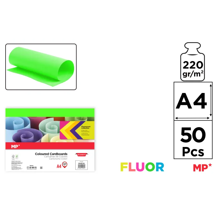 Cartulina Fluorescente 50 hojas 220 g/m² A4, 86 verde
