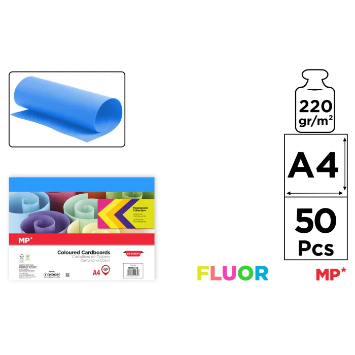 Cartulina Fluorescente 50 hojas 220 g/m² A4, 87 azul