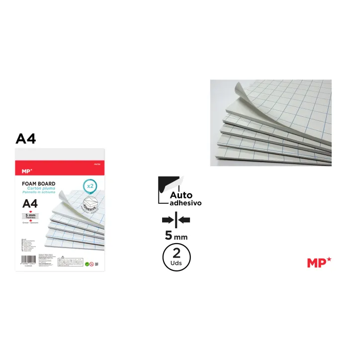 Cartón pluma A4 blanco adhesivo de 5 mm, paquete de 2 planchas