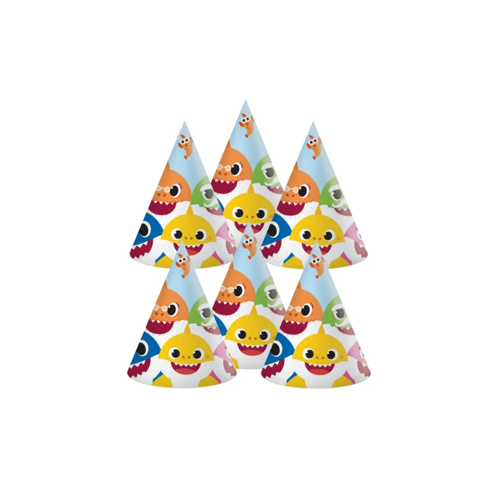 Paquete de 6 Sombreros Cono Baby Shark Diversión y Aventura para tus Fiestas