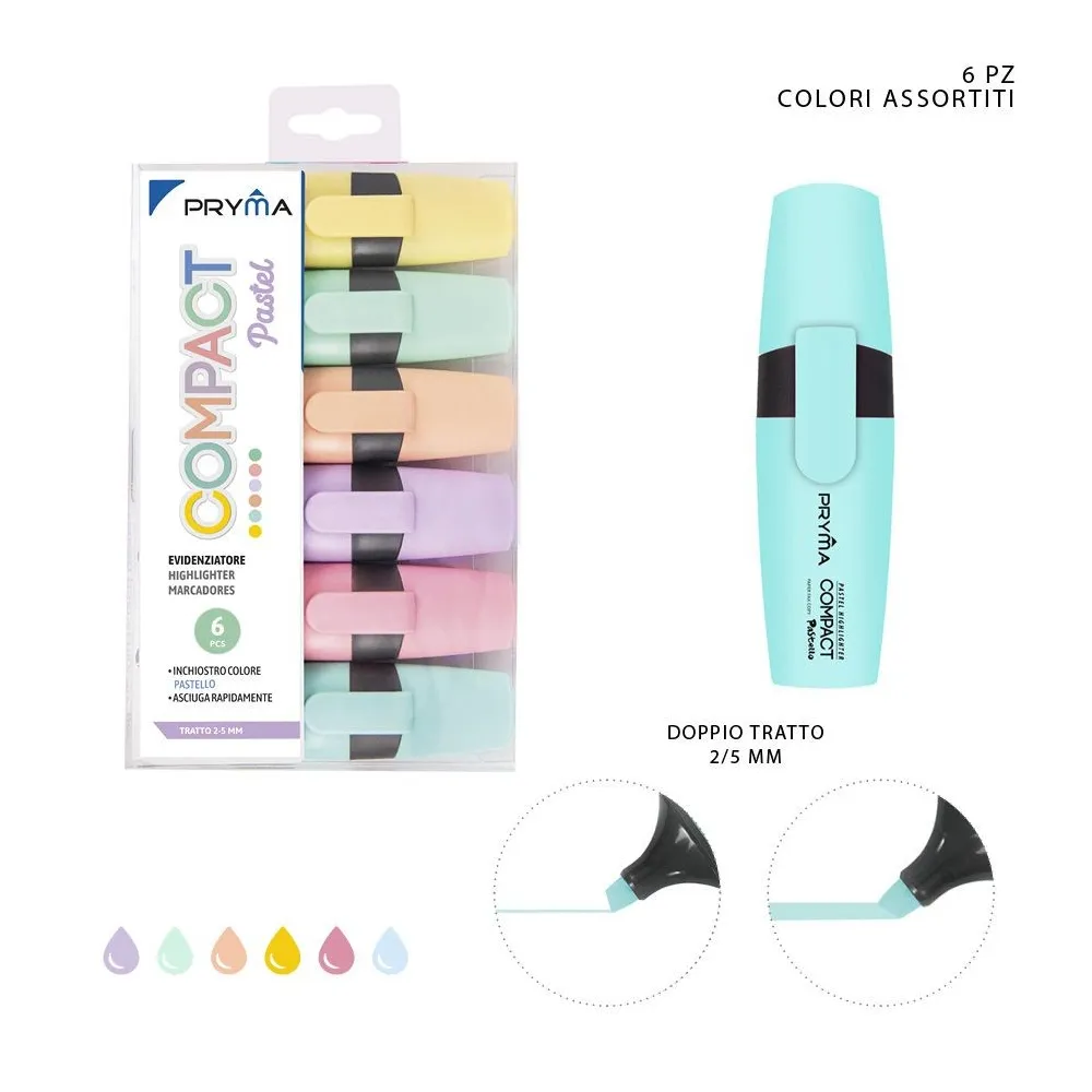 SUBRAYADOR COMPACT CABEZA PLANA 2/5MM 6PZ COLOR PASTEL - Pryma