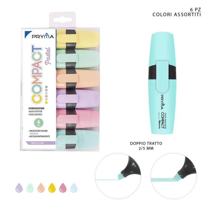 SUBRAYADOR COMPACT CABEZA PLANA 2/5MM 6PZ COLOR PASTEL - Pryma