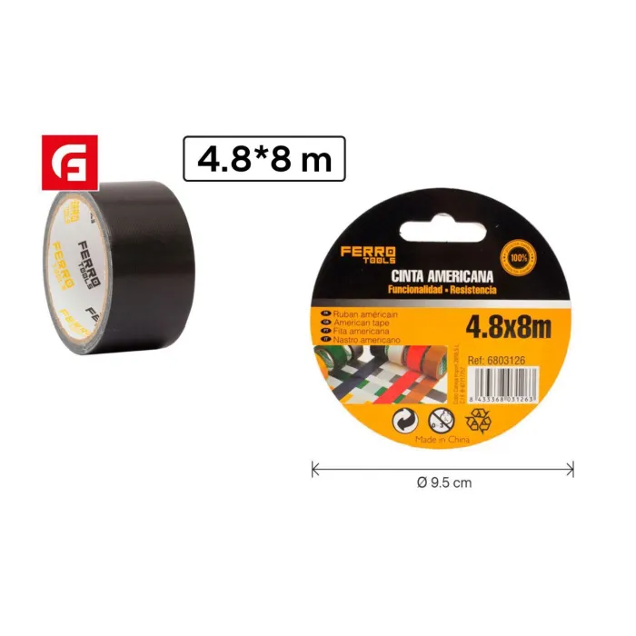 Cinta Adhesiva Americana de 48 mm × 8 m - Ferrotools, Negro