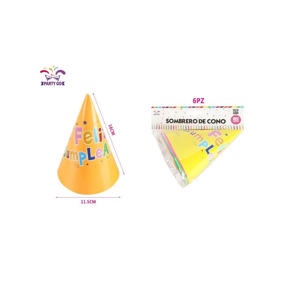 Sombrero de Cono "Feliz Cumpleaños" de 11.5cm x 16cm (6PC) - PartyGO