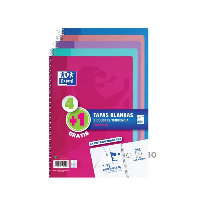 Pack 4+1 Cuadernos Tapa Blanda F 80 Hojas 4x4 Oxford