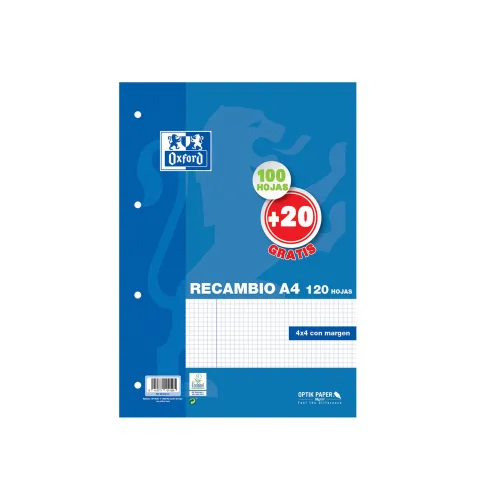 Recambio Tapa Blanda A4 100+20 hojas 4x4 Azul - Oxford