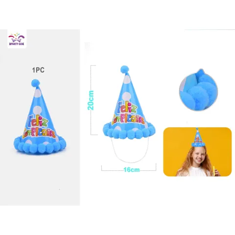 Sombrero de Cono "Feliz Cumpleaños" con Bola de Pelo de 16cm x 20cm Azul - PartyGO