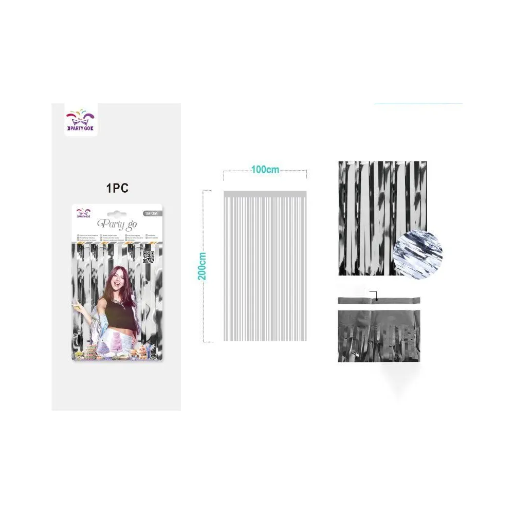 Cortina Decorativa Metalizada Plateado 1m x 2m - PartyGO