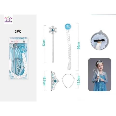 Set de Princesa Azul: Corona, Peluca Blanco y Varita de Hada de Nieve - PartyGO