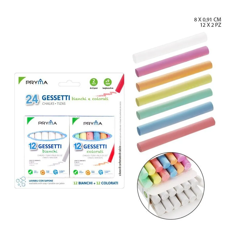 Tiza 8x0.9cm Pryma Set de 24 en Blanco y Varios Colores para Arte