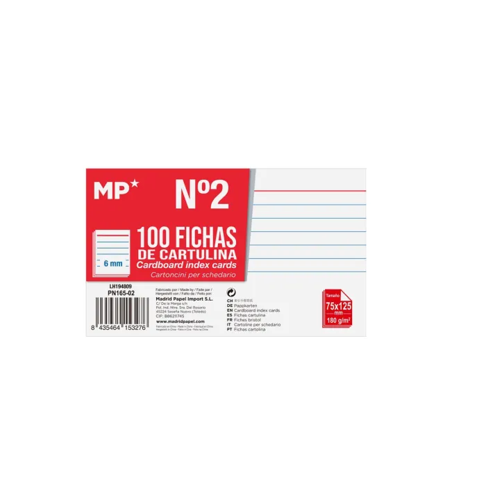 Fichas de cartulina con rayado de 6 mm, paquete de 100, 75 × 125 mm