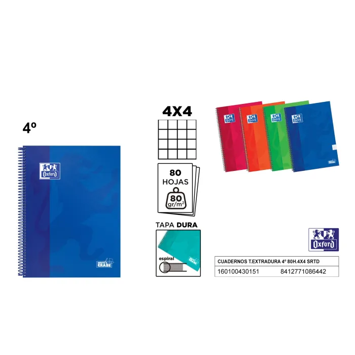 Cuadernos Oxford T. Extra dura 4 80h 4x4 Surtidos OXFORD