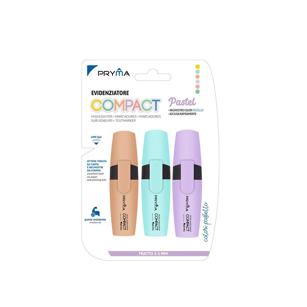 SUBRAYADOR COMPACT CABEZA PLANA 2/5MM 3PZ COLOR PASTEL TIPO 1 - Pryma