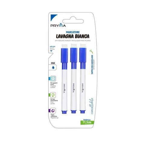 ROTULADOR PARA PIZARRA BLANCA CON BORRADOR MAGNÉTICO 3PZ AZUL - Pryma