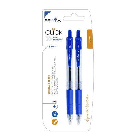 BOLÍGRAFO DE CLIC 1MM 2PZ AZUL - PRYMA