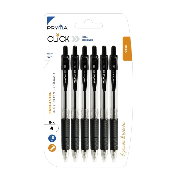 Bolígrafo de Clic 1mm 6pz Negro Pryma