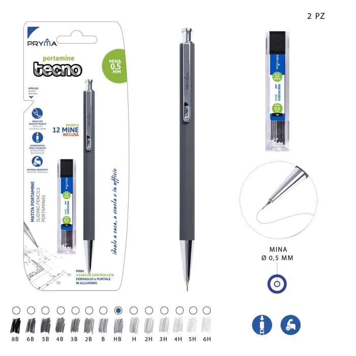 Portaminas Tecno + 12 minas de recambio HB 0,5 mm - Pryma