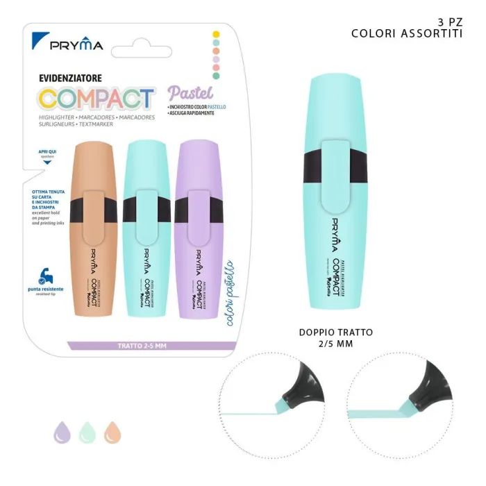 SUBRAYADOR COMPACT CABEZA PLANA 2/5MM 3PZ COLOR PASTEL TIPO 1 - Pryma